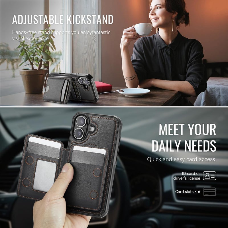 Usroom for iPhone 16 Detachable Wallet Case with Card Holder, 2 in 1 RFID Blocking Credit Slots Kickstand Shockproof Phone Wallet for iPhone 16 6.1" Black - Image 5